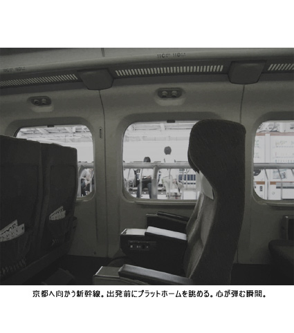 京都へ向かう新幹線。出発前にプラットホームを眺める。心が弾む瞬間。