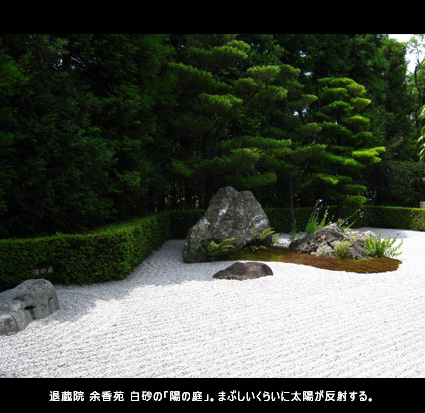 退蔵院 余香苑 白砂の「陽の庭」。まぶしいくらいに太陽が反射する。